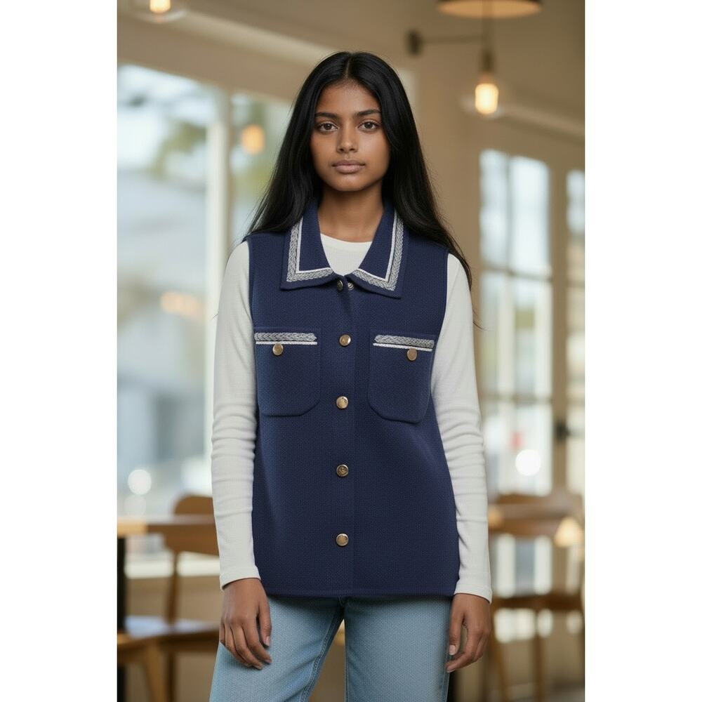 Elie Tahari Navy Sweater Vest Gold Button NWT Size S $225 Retail Preppy Nautical